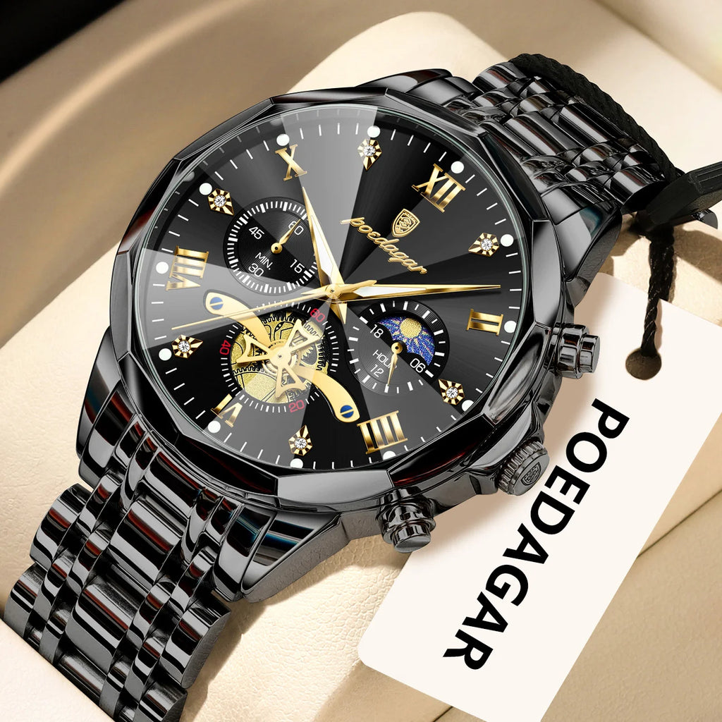 POEDAGAR Original Luxury Men's Watch Waterproof Luminous Chronograph Men Wristwatch Stainless Steel Quartz Watches For Man Reloj