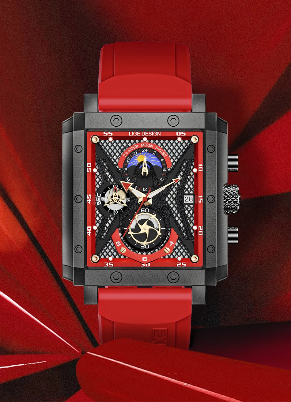 LIGE New Hollow Square Watch Men Fashion Business Men Watch Military Sport Waterproof Quartz Chronograph Relogio Masculino+BOX