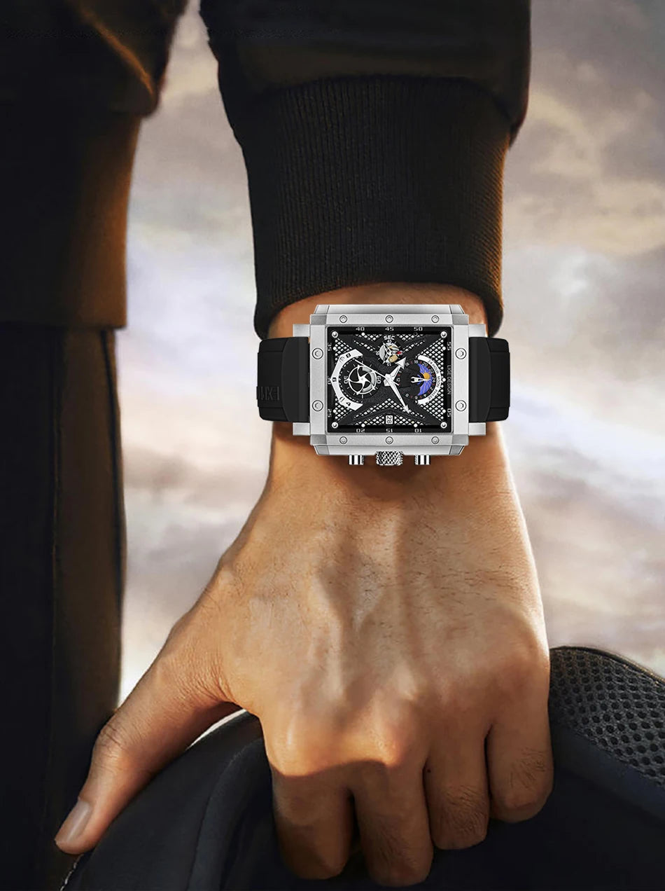 LIGE New Hollow Square Watch Men Fashion Business Men Watch Military Sport Waterproof Quartz Chronograph Relogio Masculino+BOX