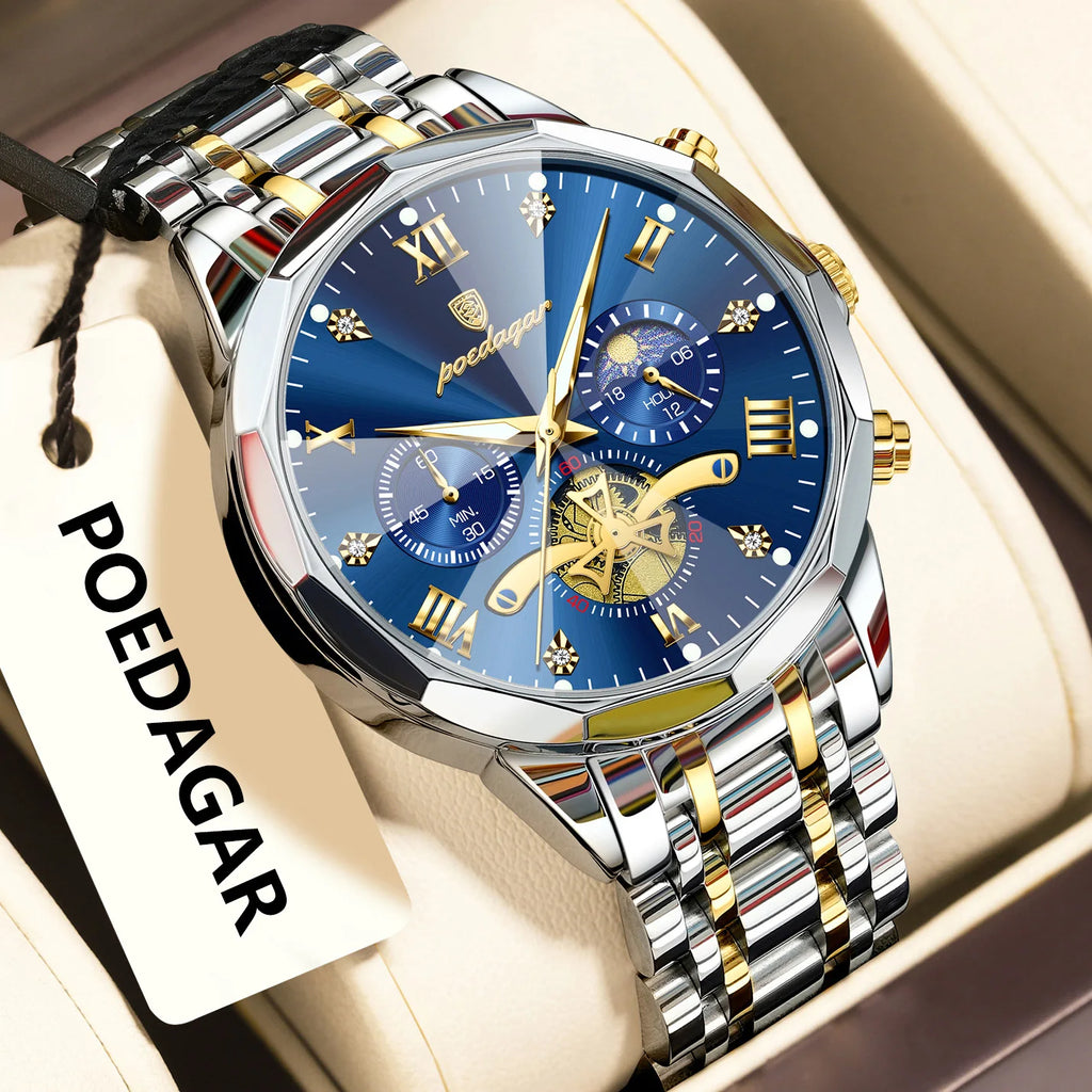 POEDAGAR Original Luxury Men's Watch Waterproof Luminous Chronograph Men Wristwatch Stainless Steel Quartz Watches For Man Reloj
