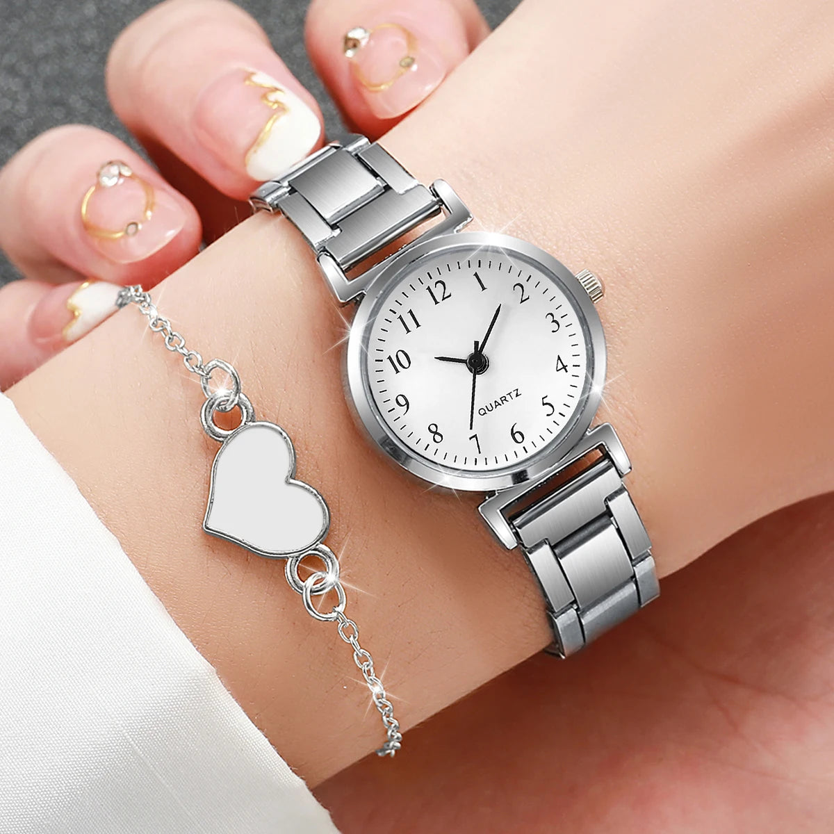 2PCS/Set Fashion Square Women Watches Stainless Steel Band Quartz Watch Heart Bracelet Set