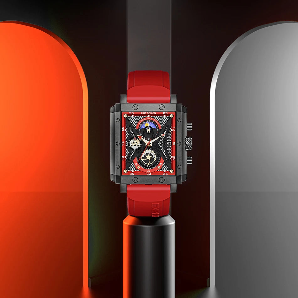 LIGE New Hollow Square Watch Men Fashion Business Men Watch Military Sport Waterproof Quartz Chronograph Relogio Masculino+BOX