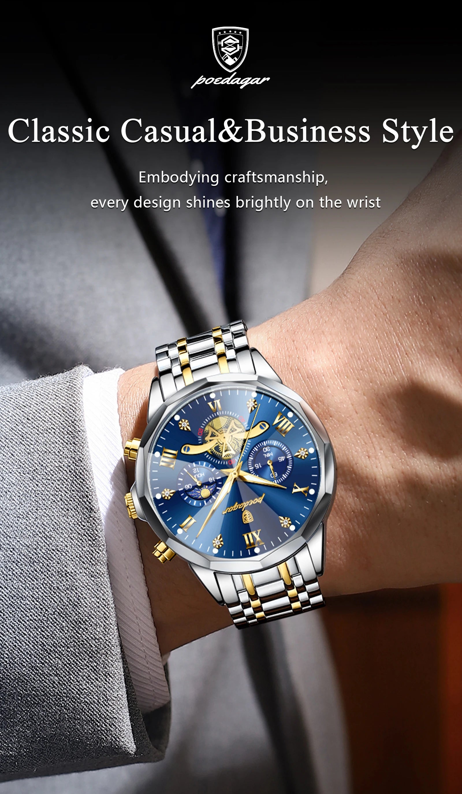 POEDAGAR Original Luxury Men's Watch Waterproof Luminous Chronograph Men Wristwatch Stainless Steel Quartz Watches For Man Reloj