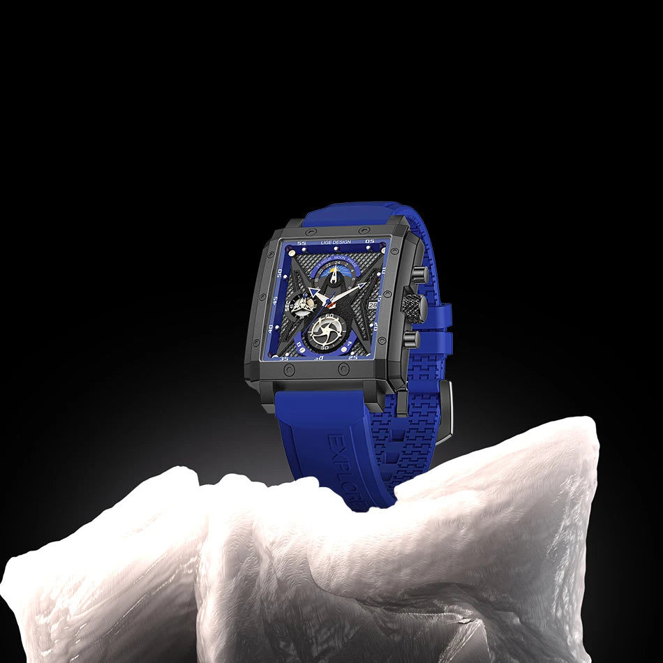 LIGE New Hollow Square Watch Men Fashion Business Men Watch Military Sport Waterproof Quartz Chronograph Relogio Masculino+BOX