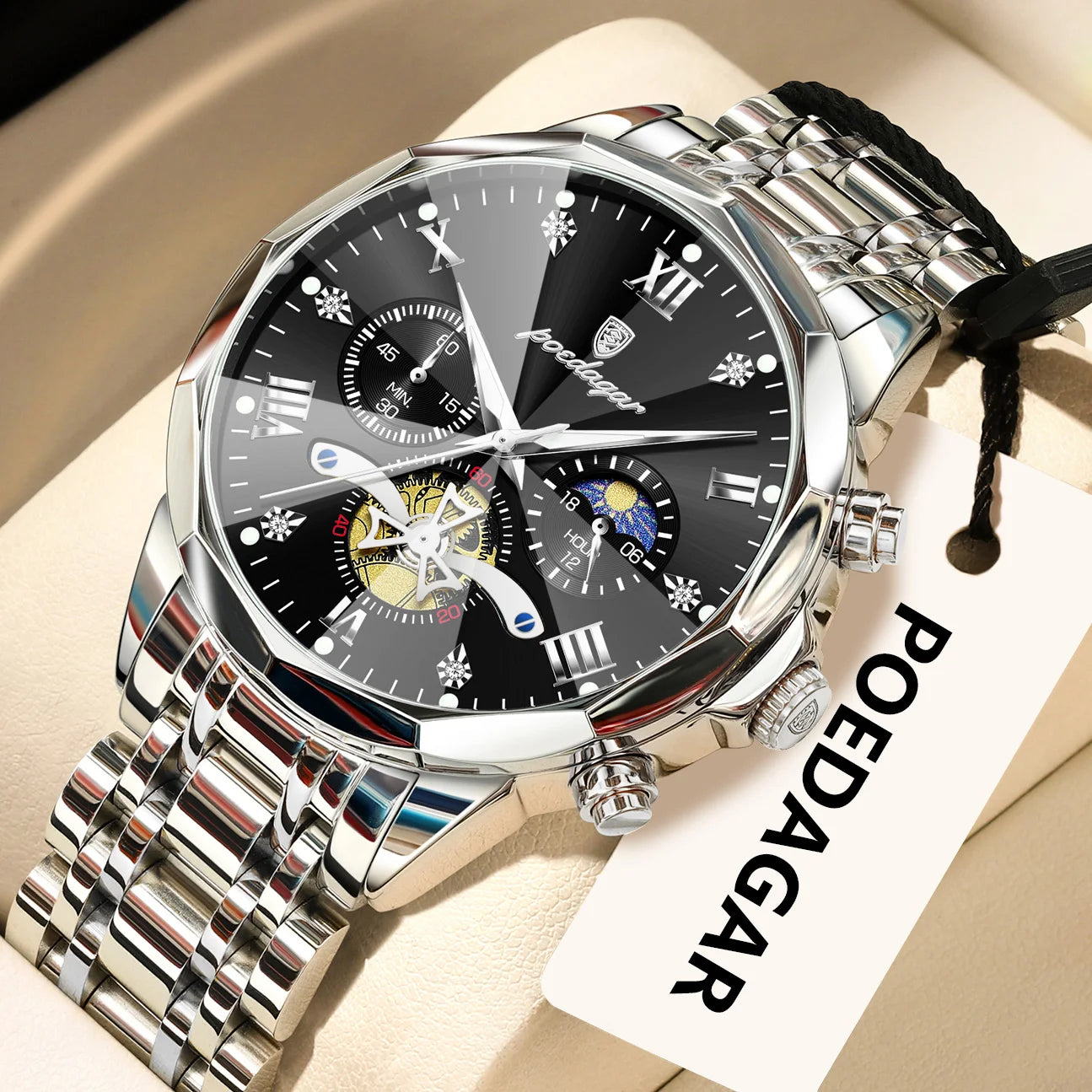POEDAGAR Original Luxury Men's Watch Waterproof Luminous Chronograph Men Wristwatch Stainless Steel Quartz Watches For Man Reloj
