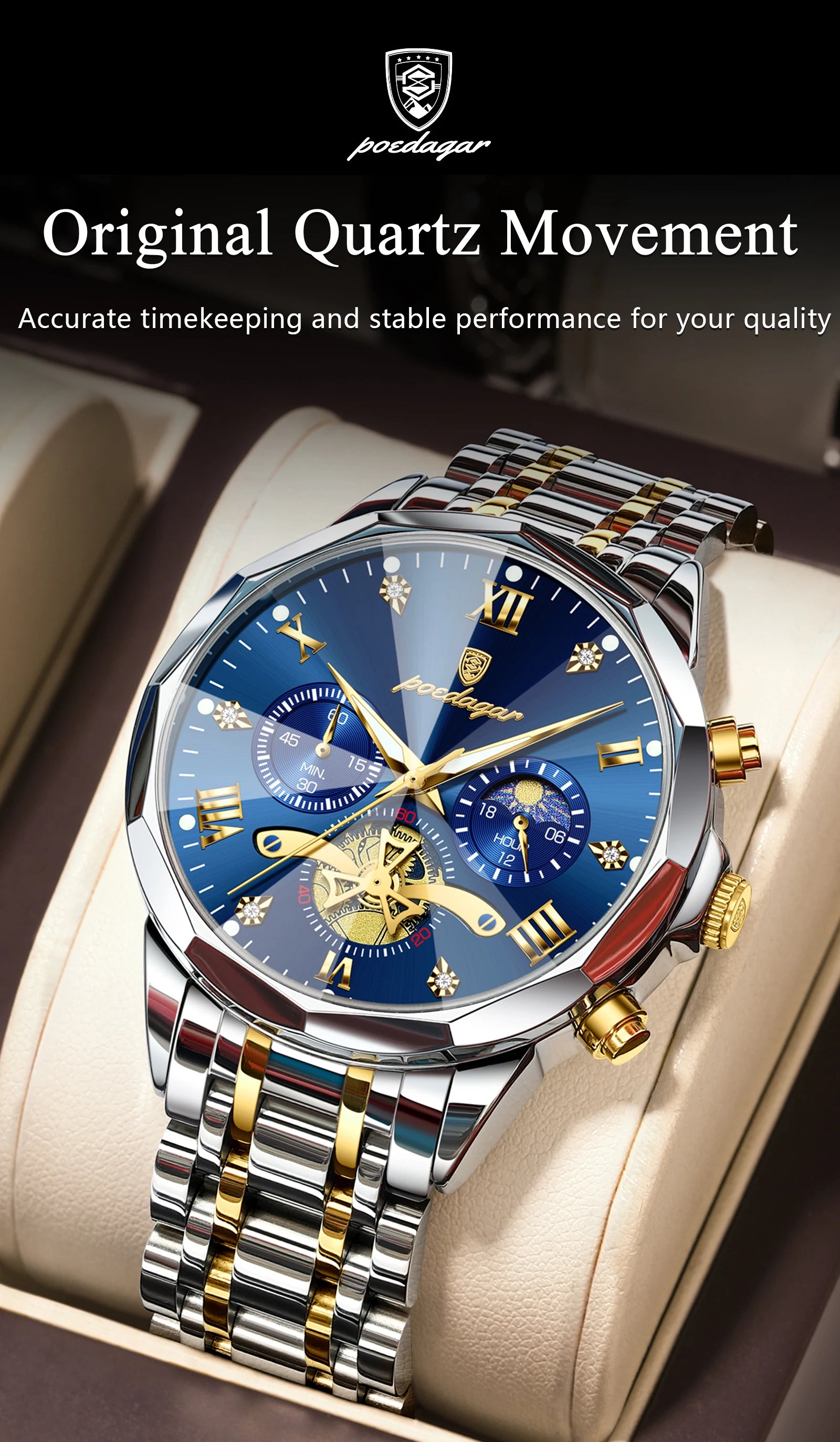 POEDAGAR Original Luxury Men's Watch Waterproof Luminous Chronograph Men Wristwatch Stainless Steel Quartz Watches For Man Reloj