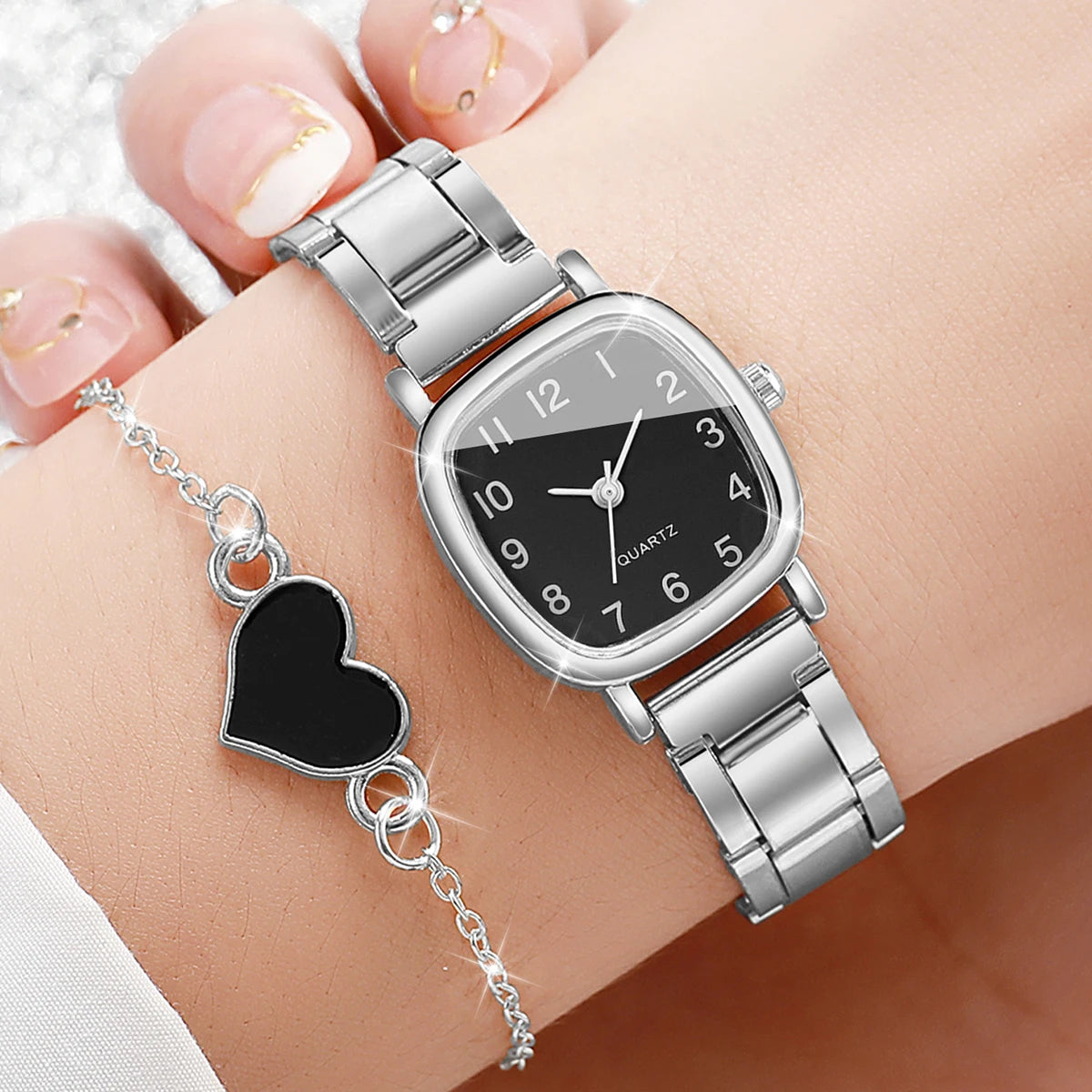 2PCS/Set Fashion Square Women Watches Stainless Steel Band Quartz Watch Heart Bracelet Set
