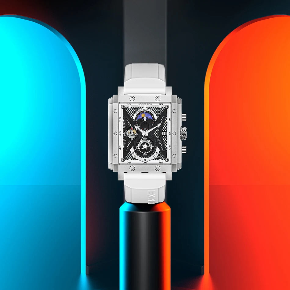 LIGE New Hollow Square Watch Men Fashion Business Men Watch Military Sport Waterproof Quartz Chronograph Relogio Masculino+BOX