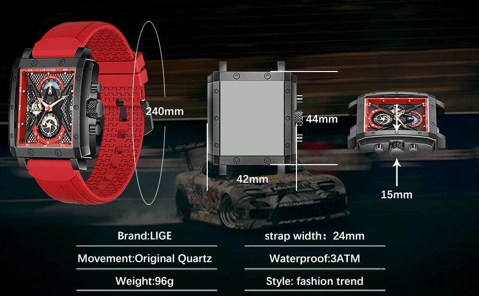 LIGE New Hollow Square Watch Men Fashion Business Men Watch Military Sport Waterproof Quartz Chronograph Relogio Masculino+BOX