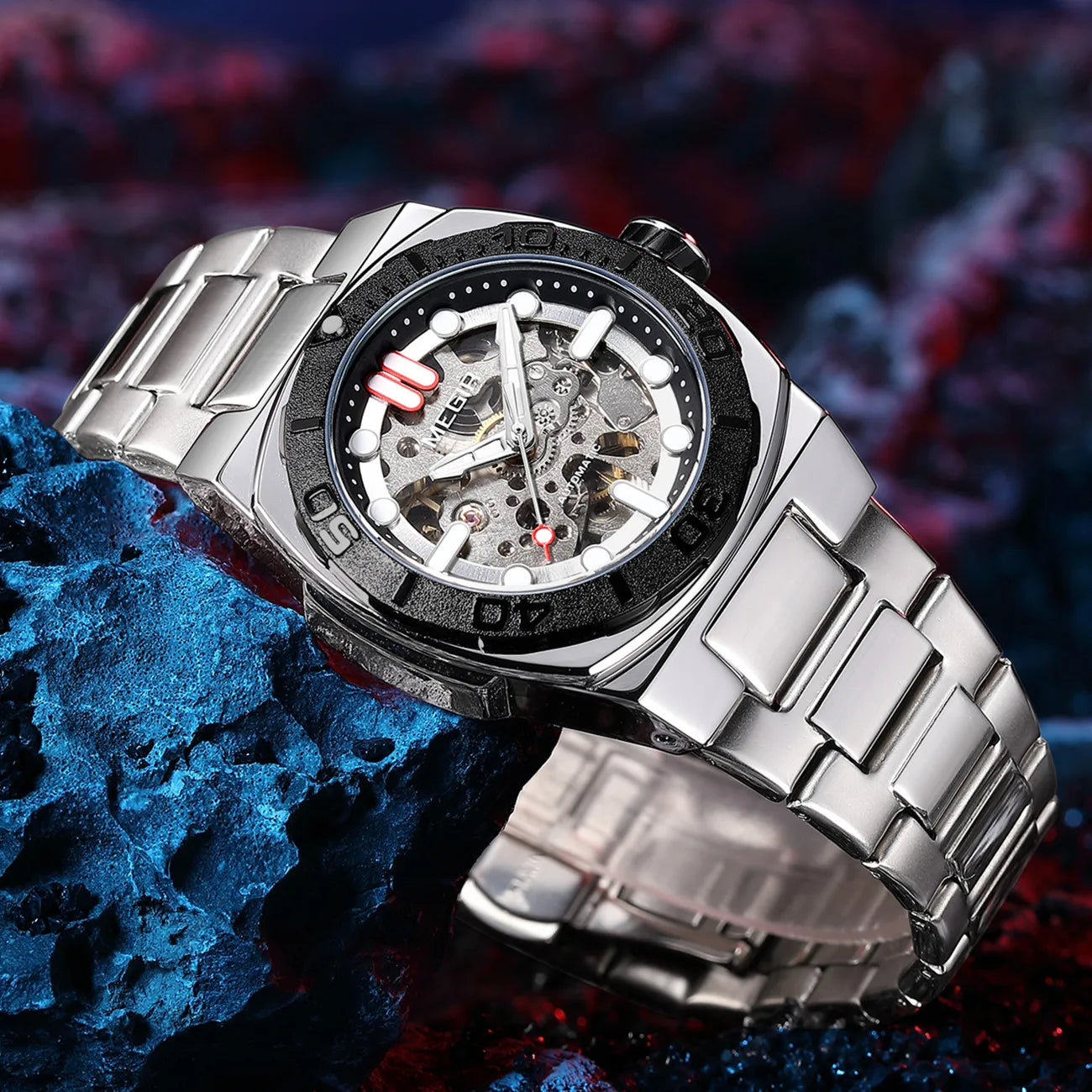 MEGIR Luxury Brand Mechanical Movement Men Watches Skeleton Dial Business Leisure Automatic Wrist Watch Relogio Masculino 8606