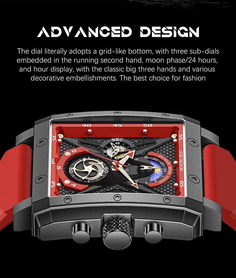 LIGE New Hollow Square Watch Men Fashion Business Men Watch Military Sport Waterproof Quartz Chronograph Relogio Masculino+BOX