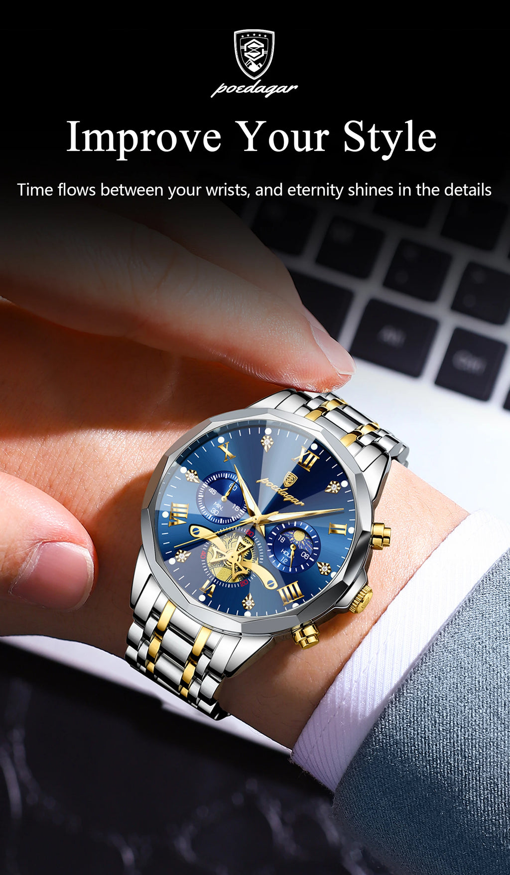 POEDAGAR Original Luxury Men's Watch Waterproof Luminous Chronograph Men Wristwatch Stainless Steel Quartz Watches For Man Reloj