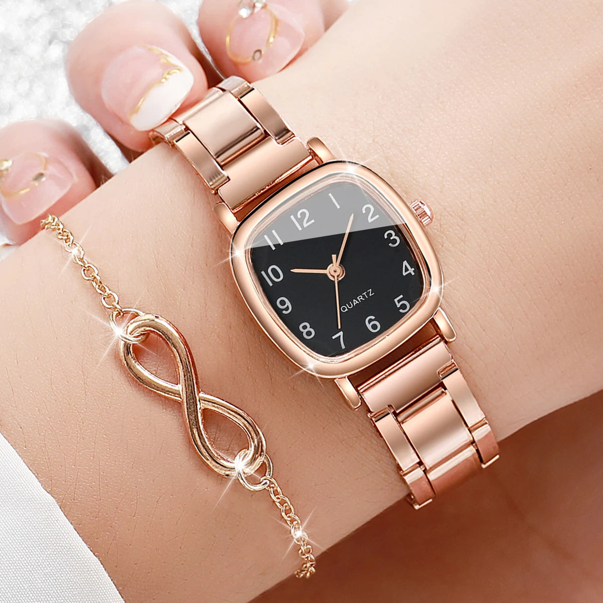 2PCS/Set Fashion Square Women Watches Stainless Steel Band Quartz Watch Heart Bracelet Set