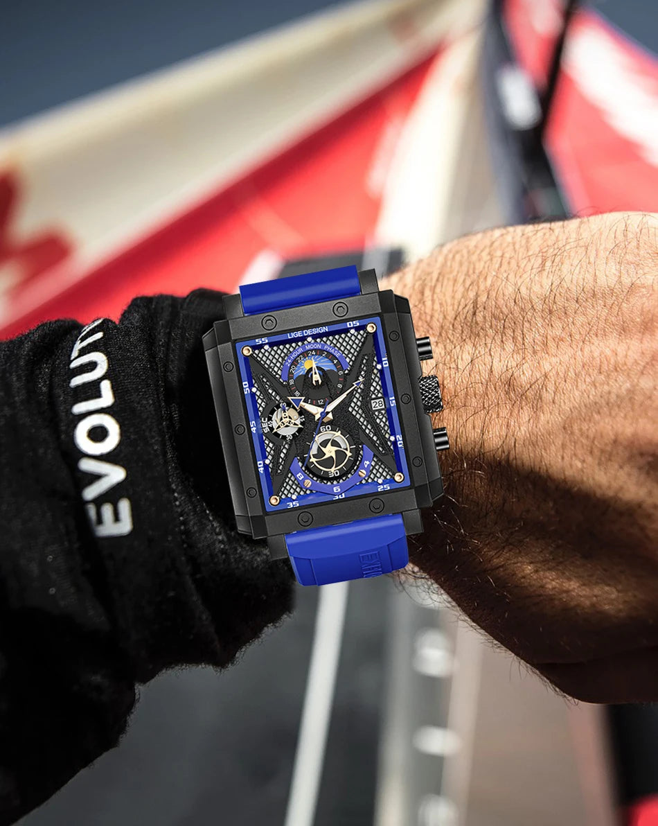 LIGE New Hollow Square Watch Men Fashion Business Men Watch Military Sport Waterproof Quartz Chronograph Relogio Masculino+BOX