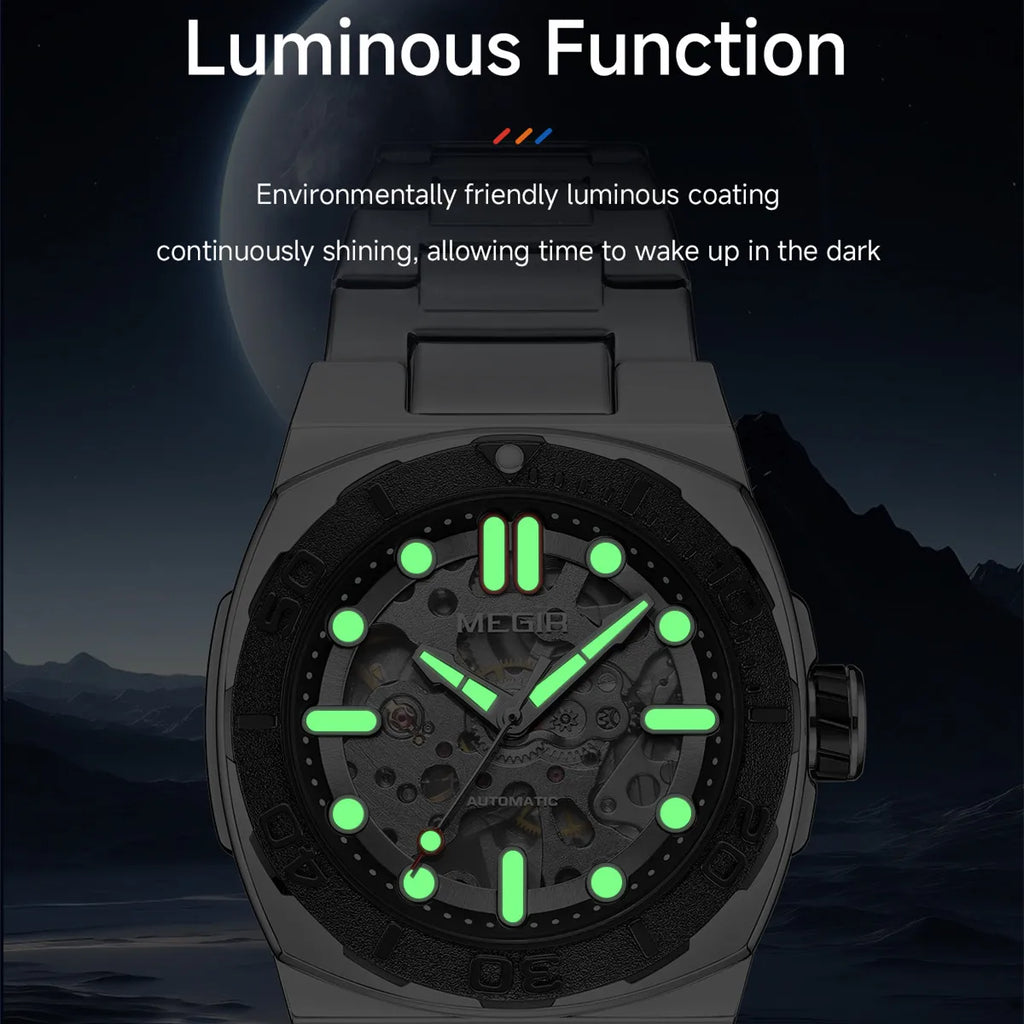 MEGIR Luxury Brand Mechanical Movement Men Watches Skeleton Dial Business Leisure Automatic Wrist Watch Relogio Masculino 8606