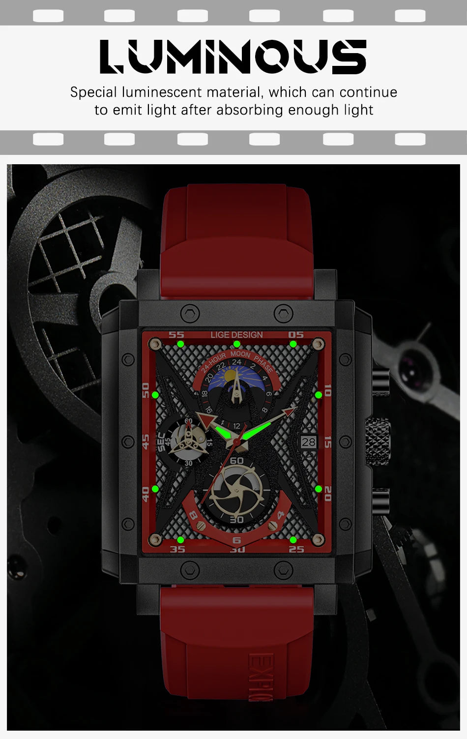 LIGE New Hollow Square Watch Men Fashion Business Men Watch Military Sport Waterproof Quartz Chronograph Relogio Masculino+BOX