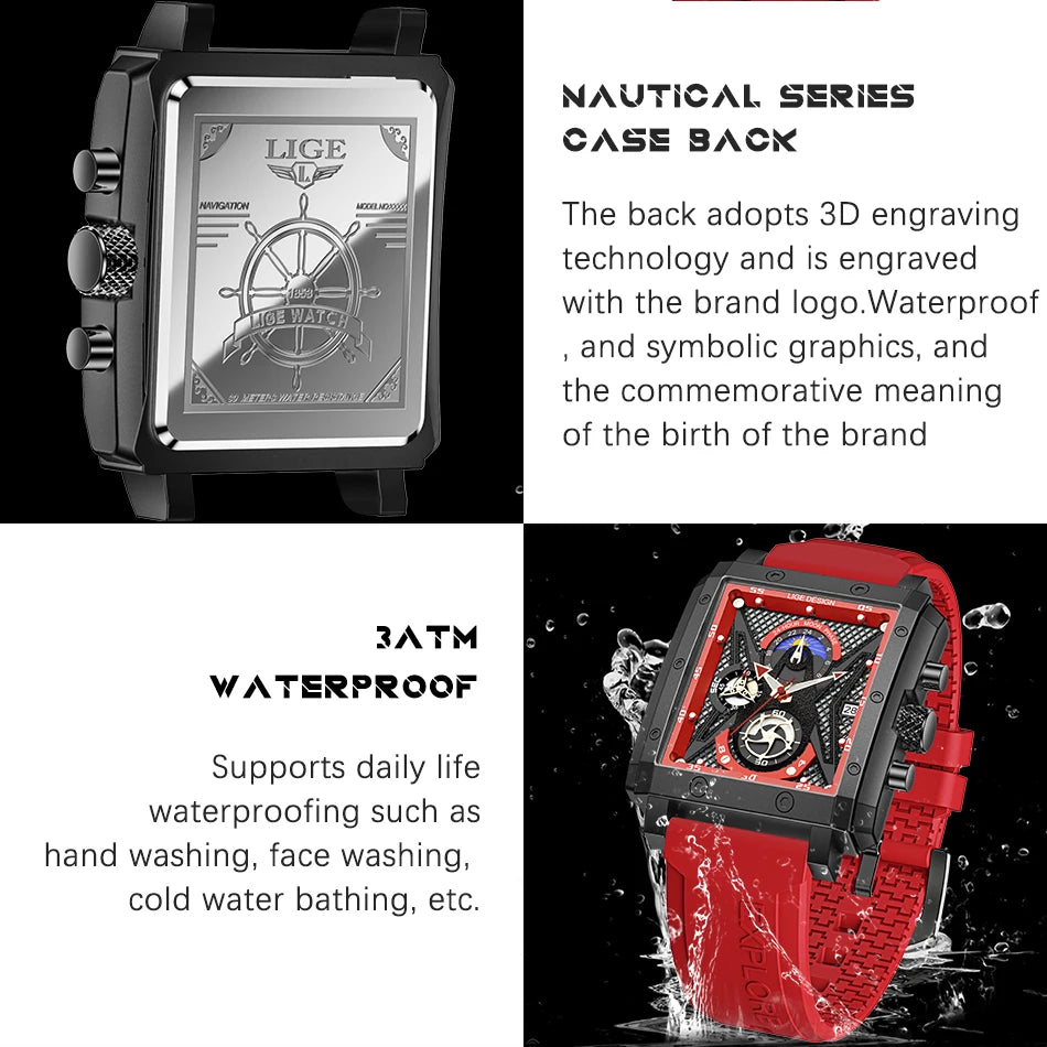 LIGE New Hollow Square Watch Men Fashion Business Men Watch Military Sport Waterproof Quartz Chronograph Relogio Masculino+BOX