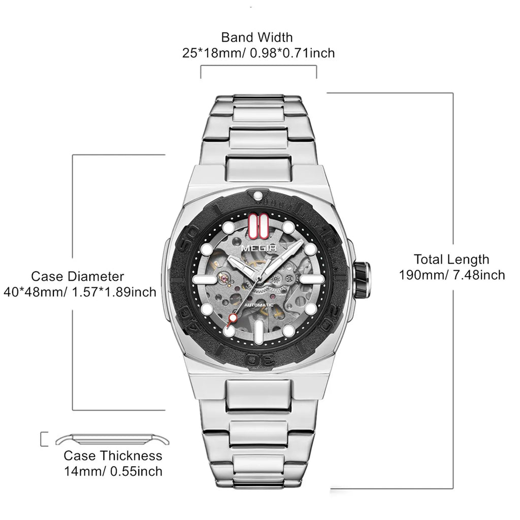 MEGIR Luxury Brand Mechanical Movement Men Watches Skeleton Dial Business Leisure Automatic Wrist Watch Relogio Masculino 8606