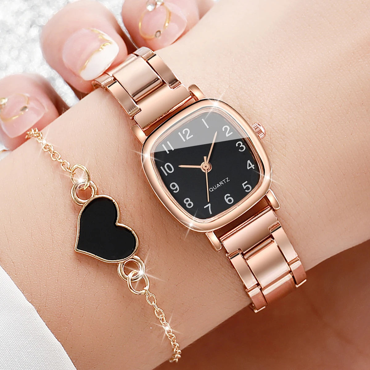 2PCS/Set Fashion Square Women Watches Stainless Steel Band Quartz Watch Heart Bracelet Set