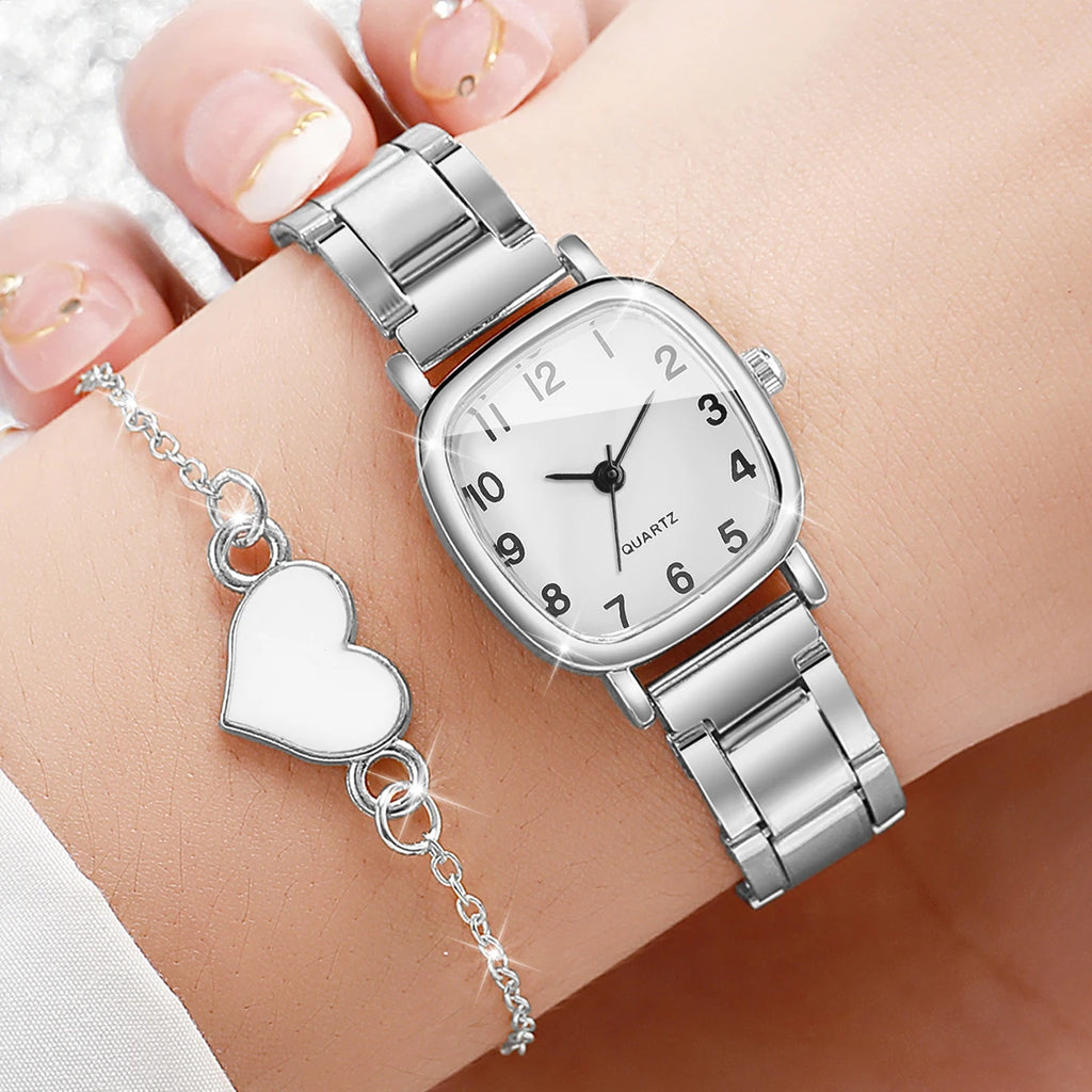 2PCS/Set Fashion Square Women Watches Stainless Steel Band Quartz Watch Heart Bracelet Set