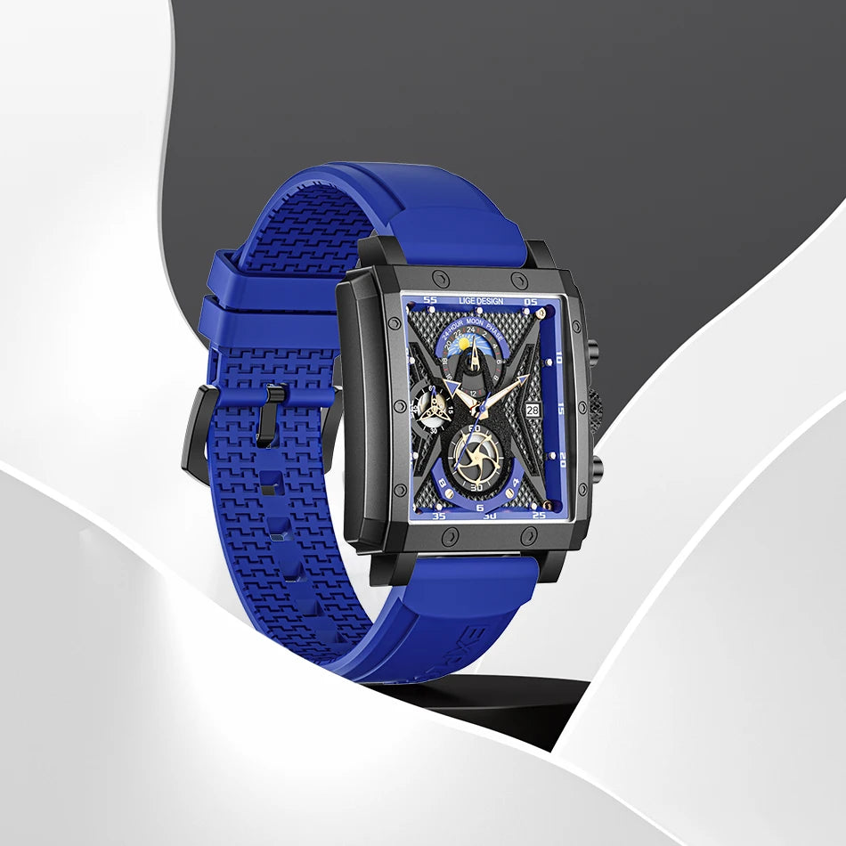 LIGE New Hollow Square Watch Men Fashion Business Men Watch Military Sport Waterproof Quartz Chronograph Relogio Masculino+BOX