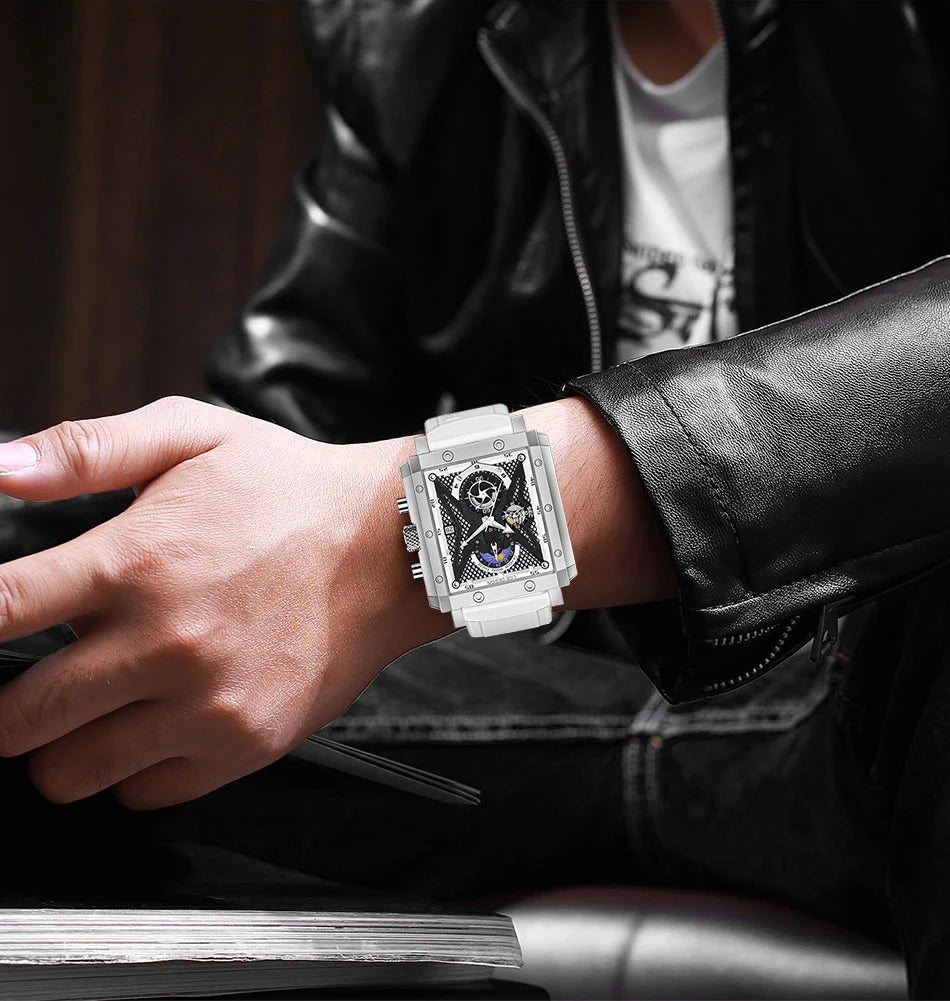 LIGE New Hollow Square Watch Men Fashion Business Men Watch Military Sport Waterproof Quartz Chronograph Relogio Masculino+BOX