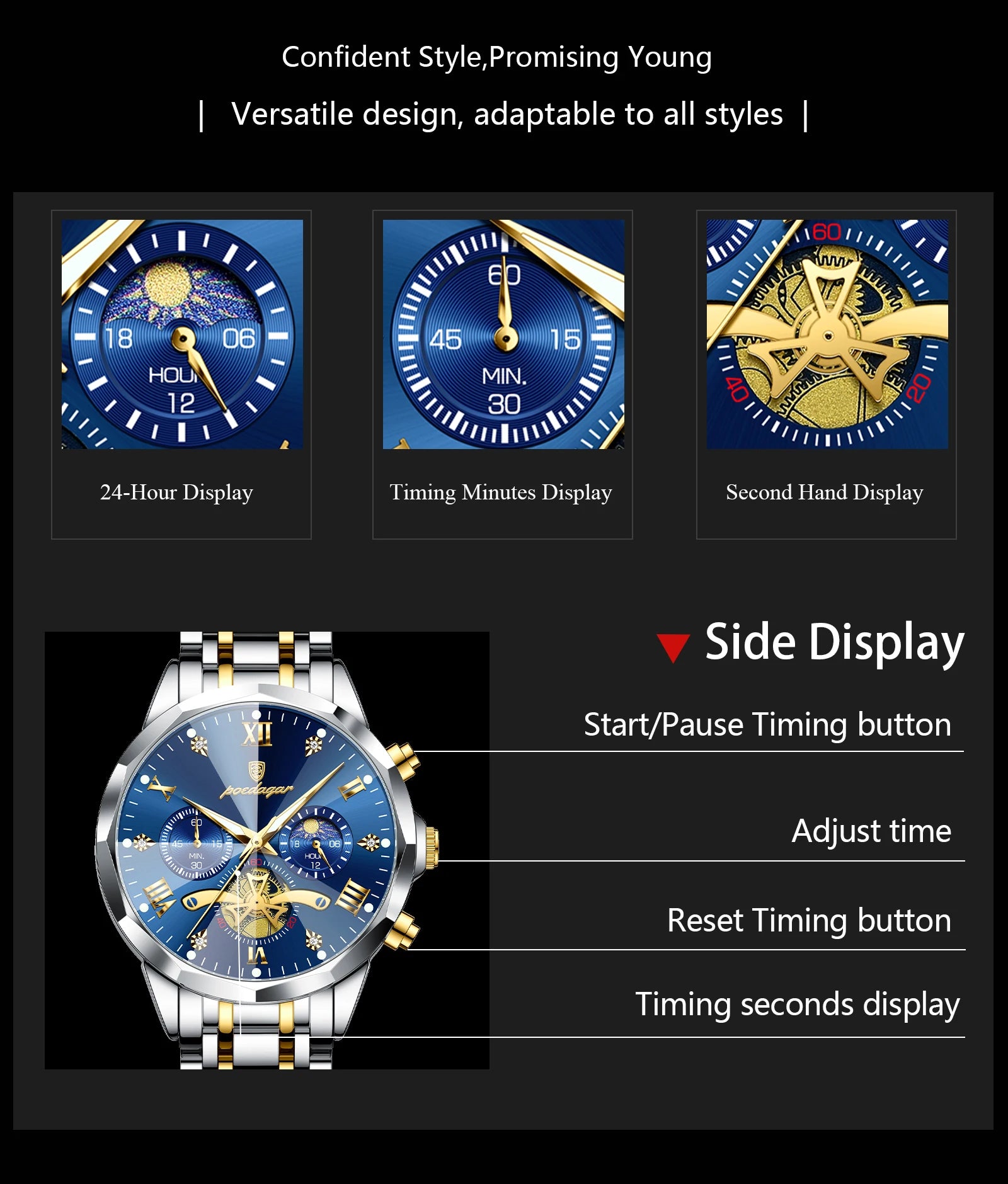 POEDAGAR Original Luxury Men's Watch Waterproof Luminous Chronograph Men Wristwatch Stainless Steel Quartz Watches For Man Reloj