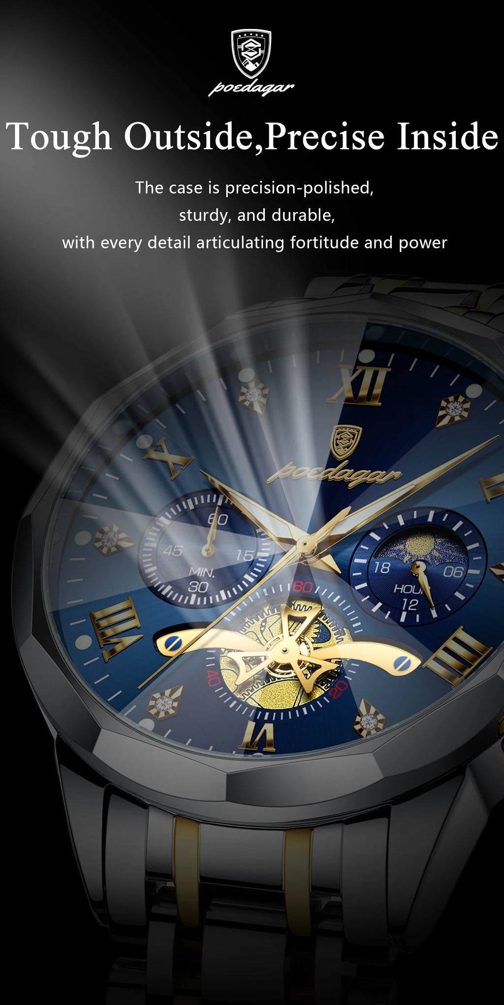 POEDAGAR Original Luxury Men's Watch Waterproof Luminous Chronograph Men Wristwatch Stainless Steel Quartz Watches For Man Reloj