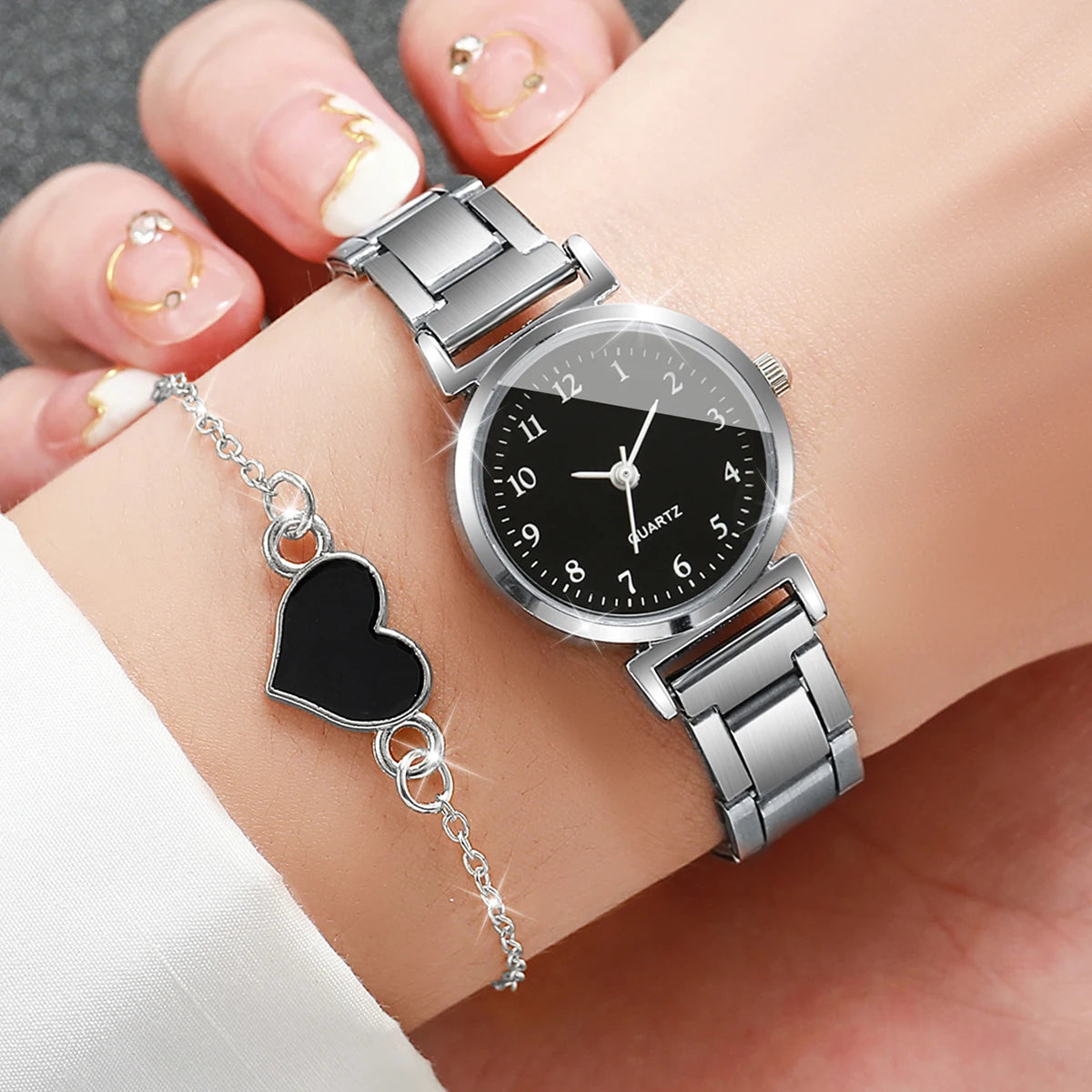 2PCS/Set Fashion Square Women Watches Stainless Steel Band Quartz Watch Heart Bracelet Set
