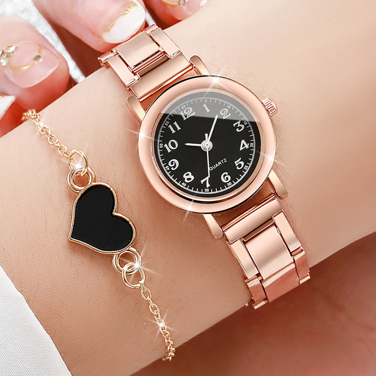 2PCS/Set Fashion Square Women Watches Stainless Steel Band Quartz Watch Heart Bracelet Set