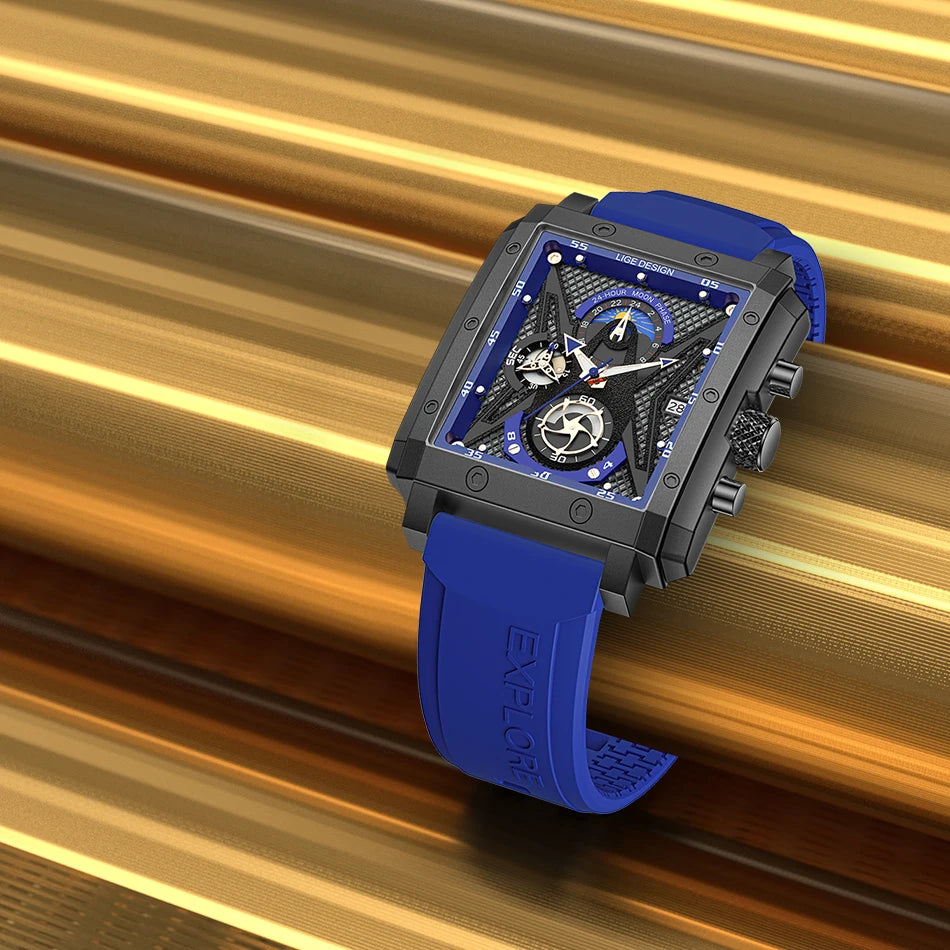 LIGE New Hollow Square Watch Men Fashion Business Men Watch Military Sport Waterproof Quartz Chronograph Relogio Masculino+BOX