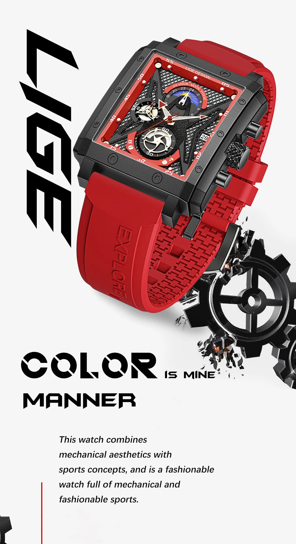 LIGE New Hollow Square Watch Men Fashion Business Men Watch Military Sport Waterproof Quartz Chronograph Relogio Masculino+BOX