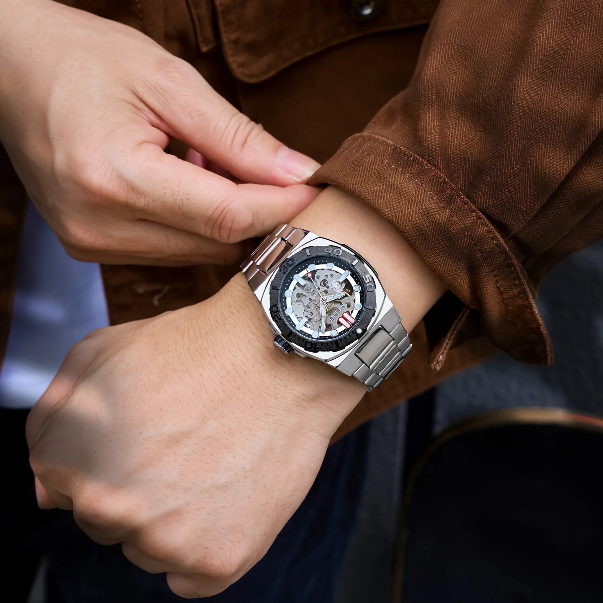 MEGIR Luxury Brand Mechanical Movement Men Watches Skeleton Dial Business Leisure Automatic Wrist Watch Relogio Masculino 8606