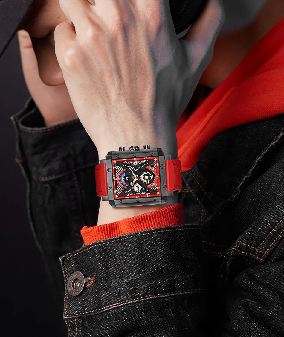 LIGE New Hollow Square Watch Men Fashion Business Men Watch Military Sport Waterproof Quartz Chronograph Relogio Masculino+BOX