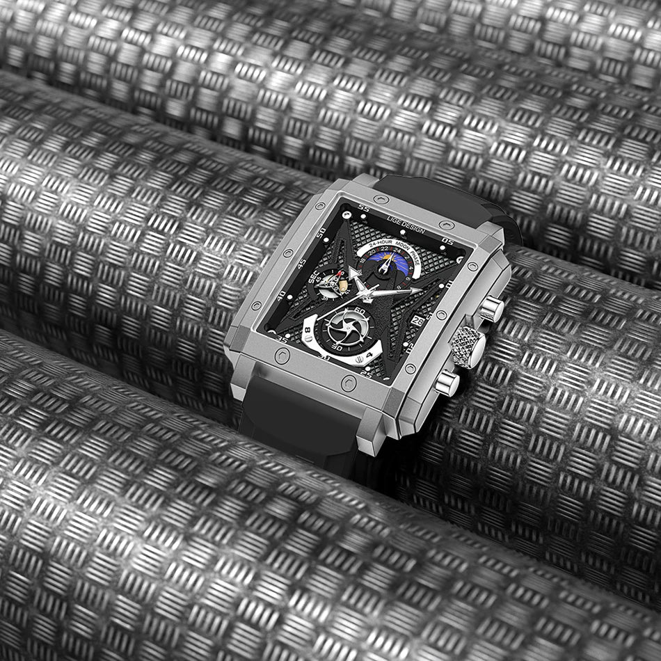 LIGE New Hollow Square Watch Men Fashion Business Men Watch Military Sport Waterproof Quartz Chronograph Relogio Masculino+BOX